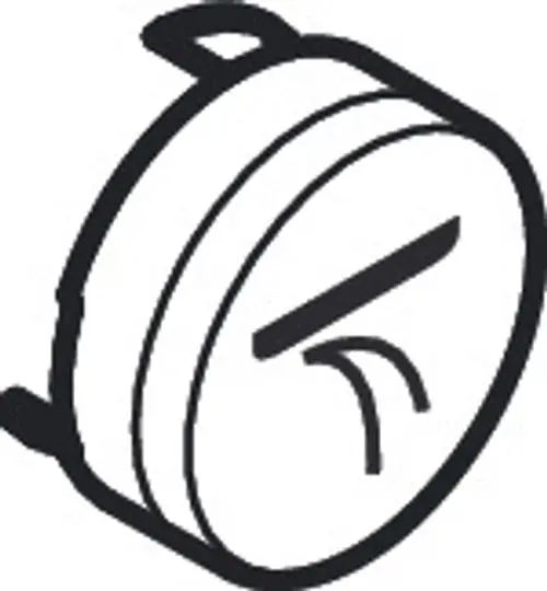 Weißes Druckknopf-Symbol für eine Schwallbrause von Hansgrohe, dargestellt als runde Form mit einem kurzen Strich und einer geschwungenen Linie darunter.